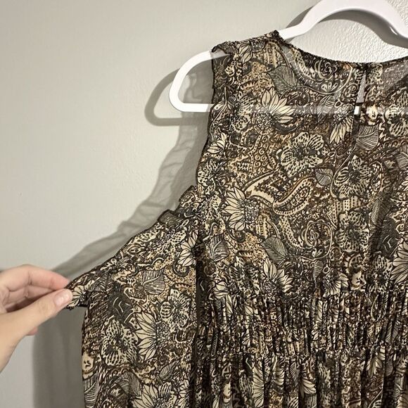 Zara Basic Collection Sz M Cold Shoulder Brown Sheer Midi Dress Floral Paisley - Picture 7 of 12
